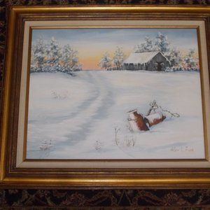 Vintage Snow Scene oil painting in wood frame